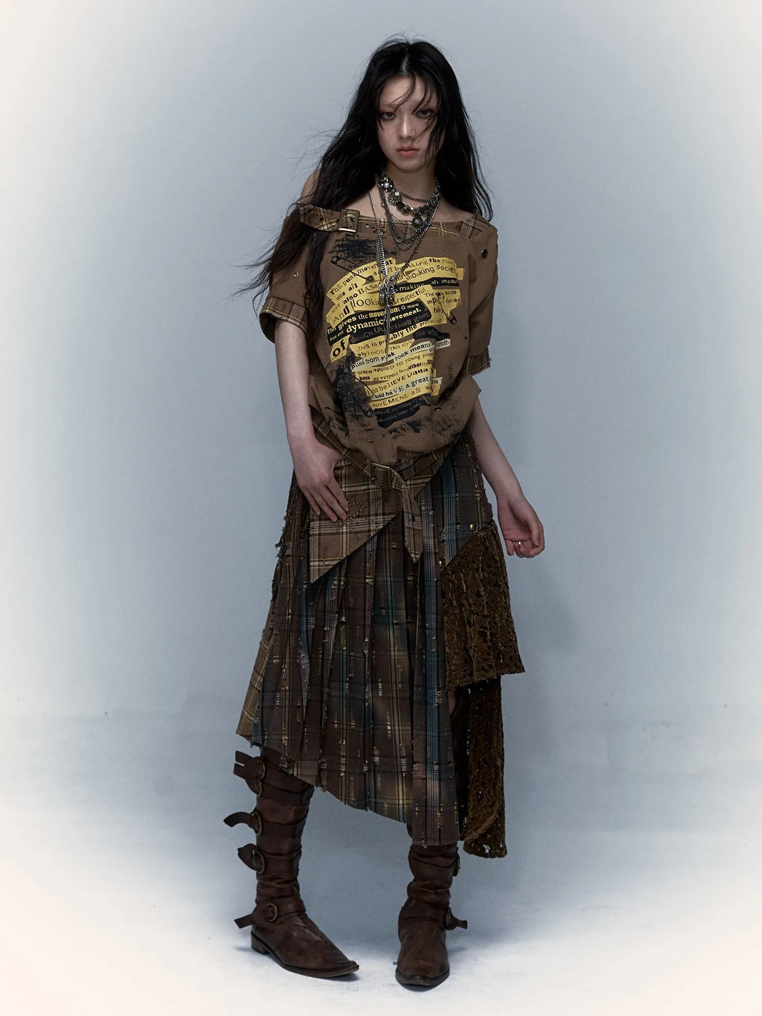 Plaid Splicing Detachable Two-wear Irregular Pleated Skirt