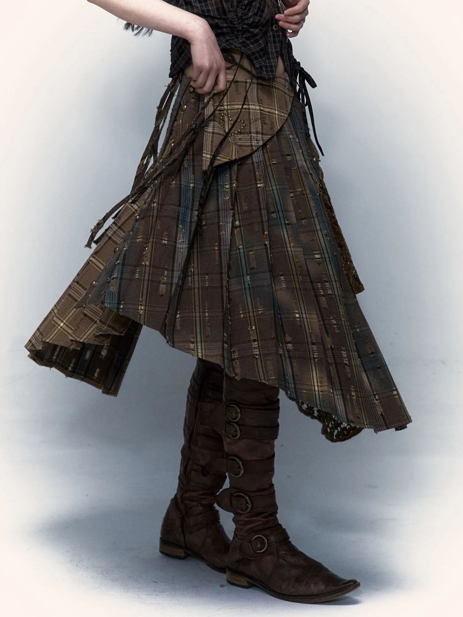 Plaid Splicing Detachable Two-wear Irregular Pleated Skirt