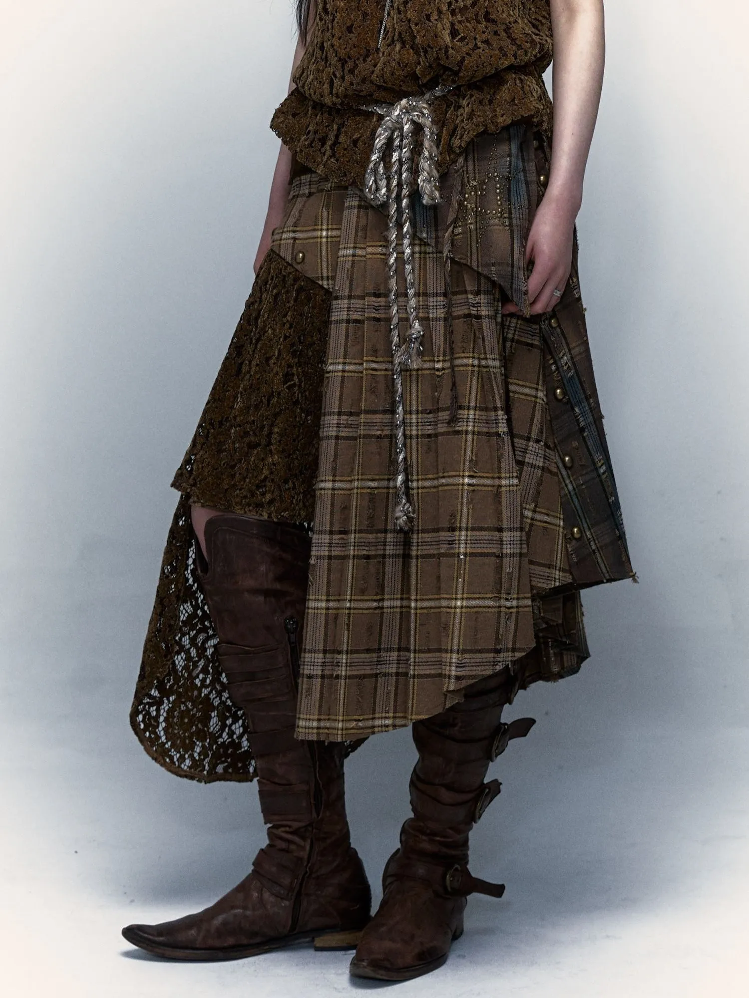 Plaid Splicing Detachable Two-wear Irregular Pleated Skirt