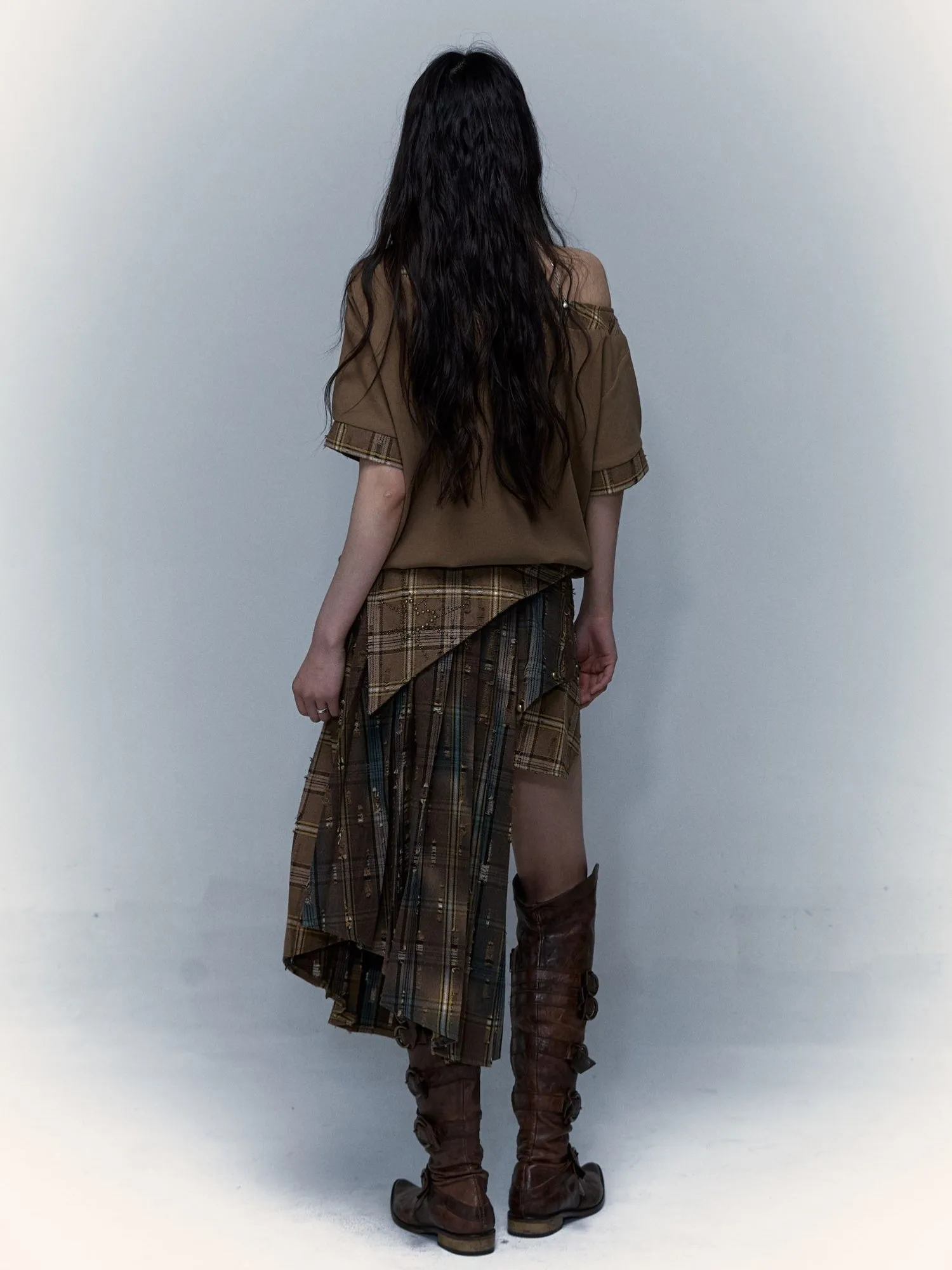Plaid Splicing Detachable Two-wear Irregular Pleated Skirt