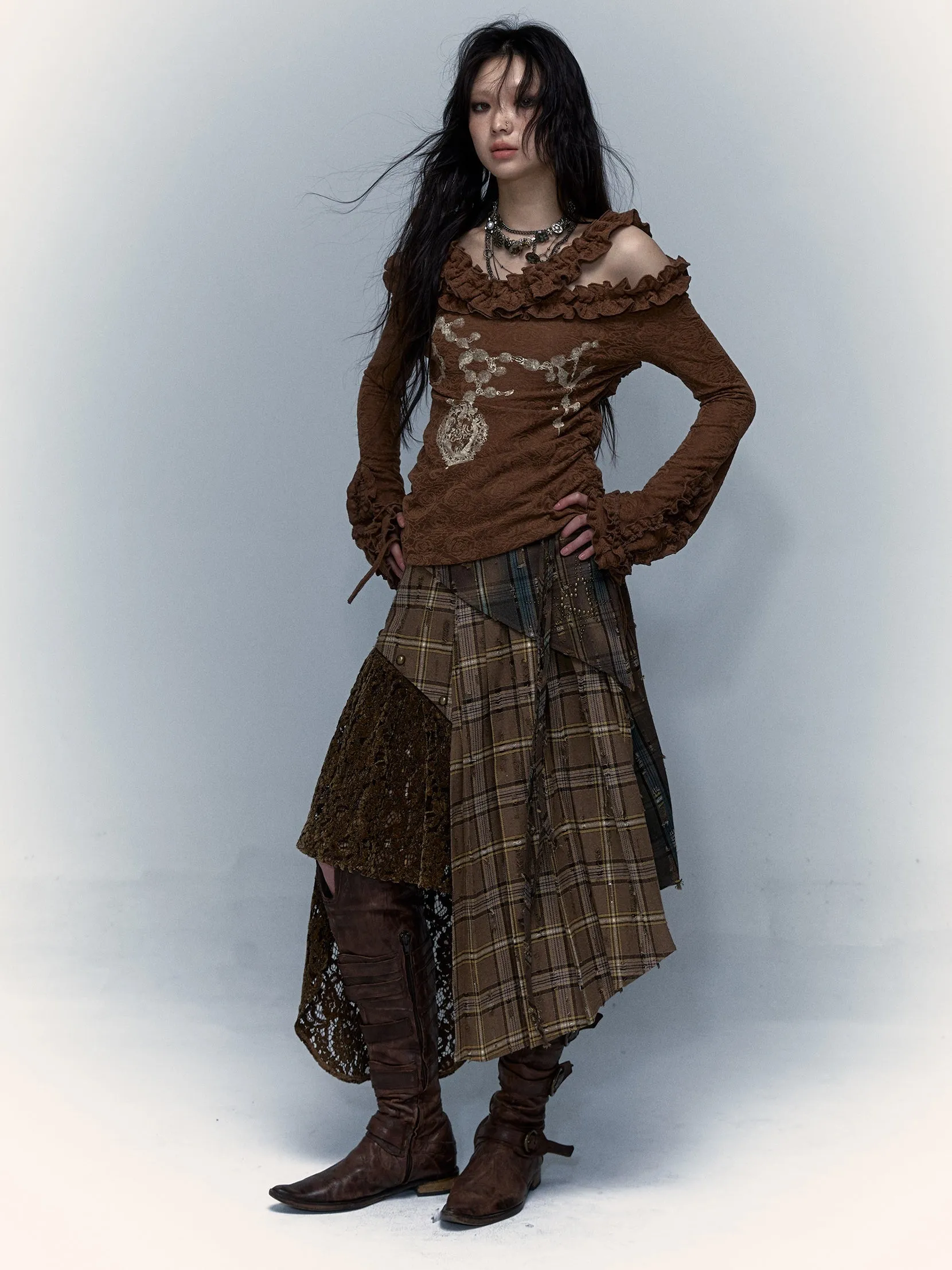 Plaid Splicing Detachable Two-wear Irregular Pleated Skirt
