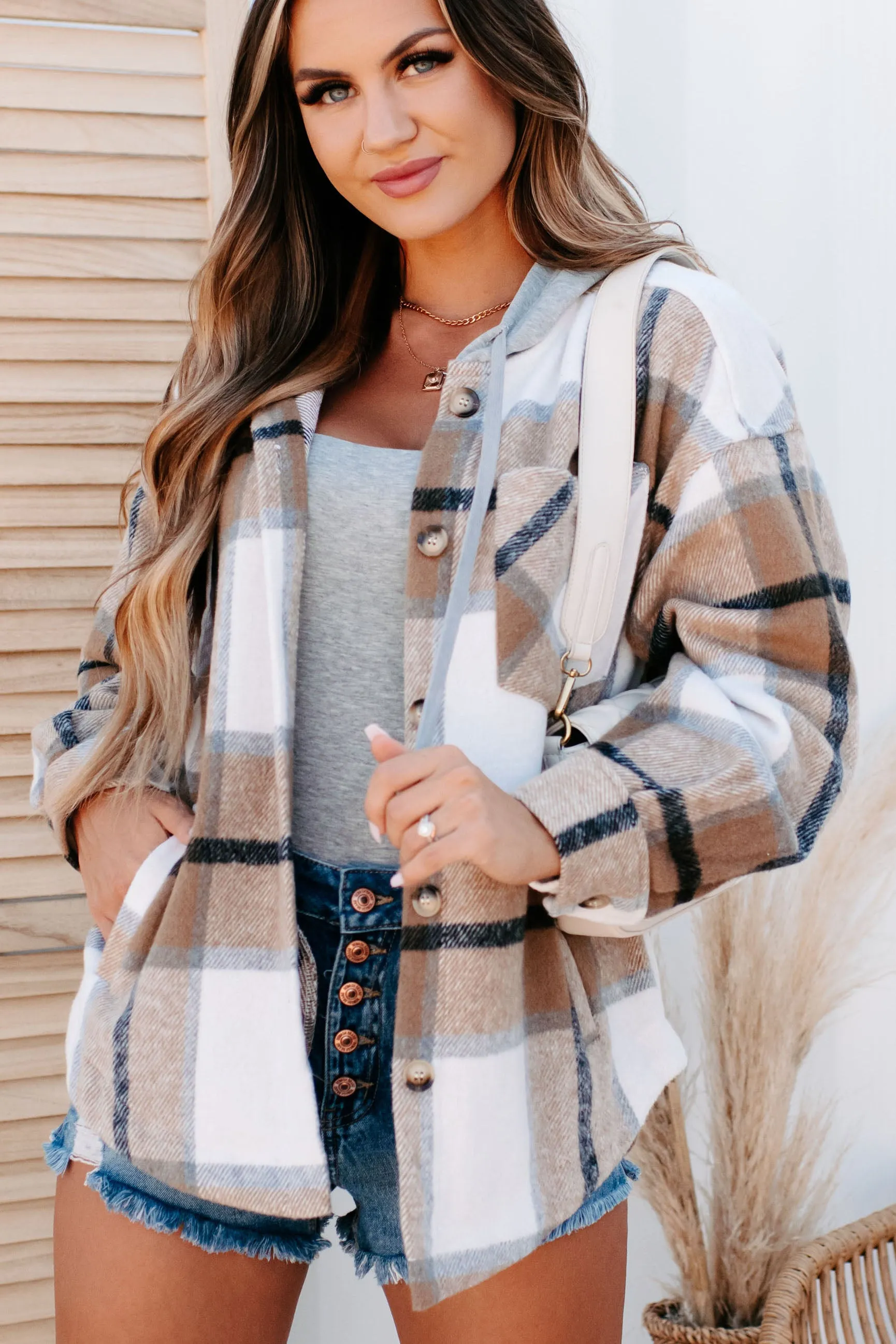 Plaid To Be Here Hooded Shacket (Mocha Mix)