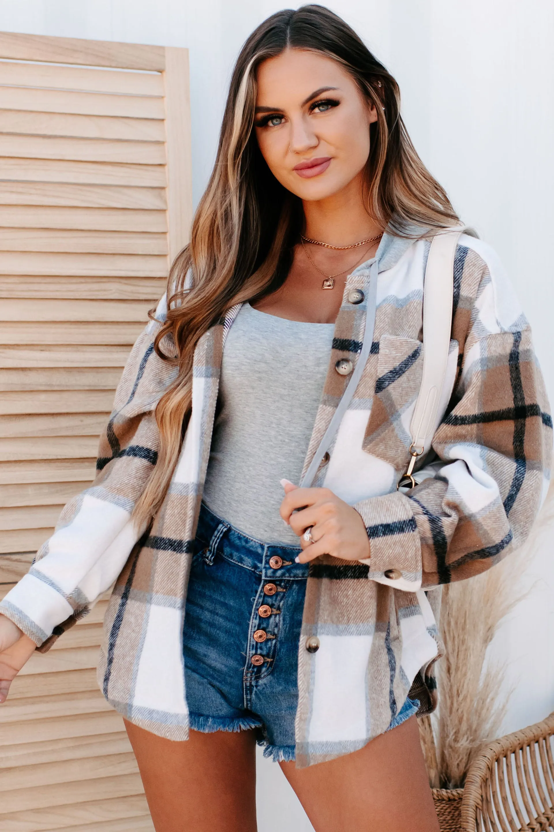 Plaid To Be Here Hooded Shacket (Mocha Mix)