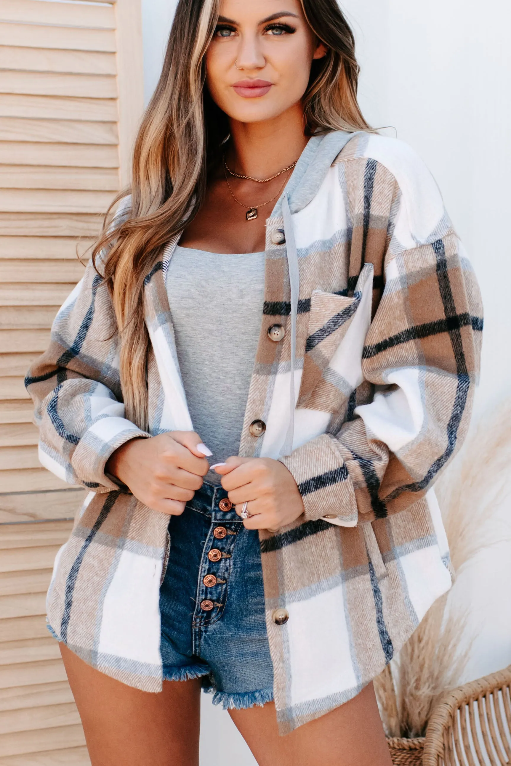 Plaid To Be Here Hooded Shacket (Mocha Mix)