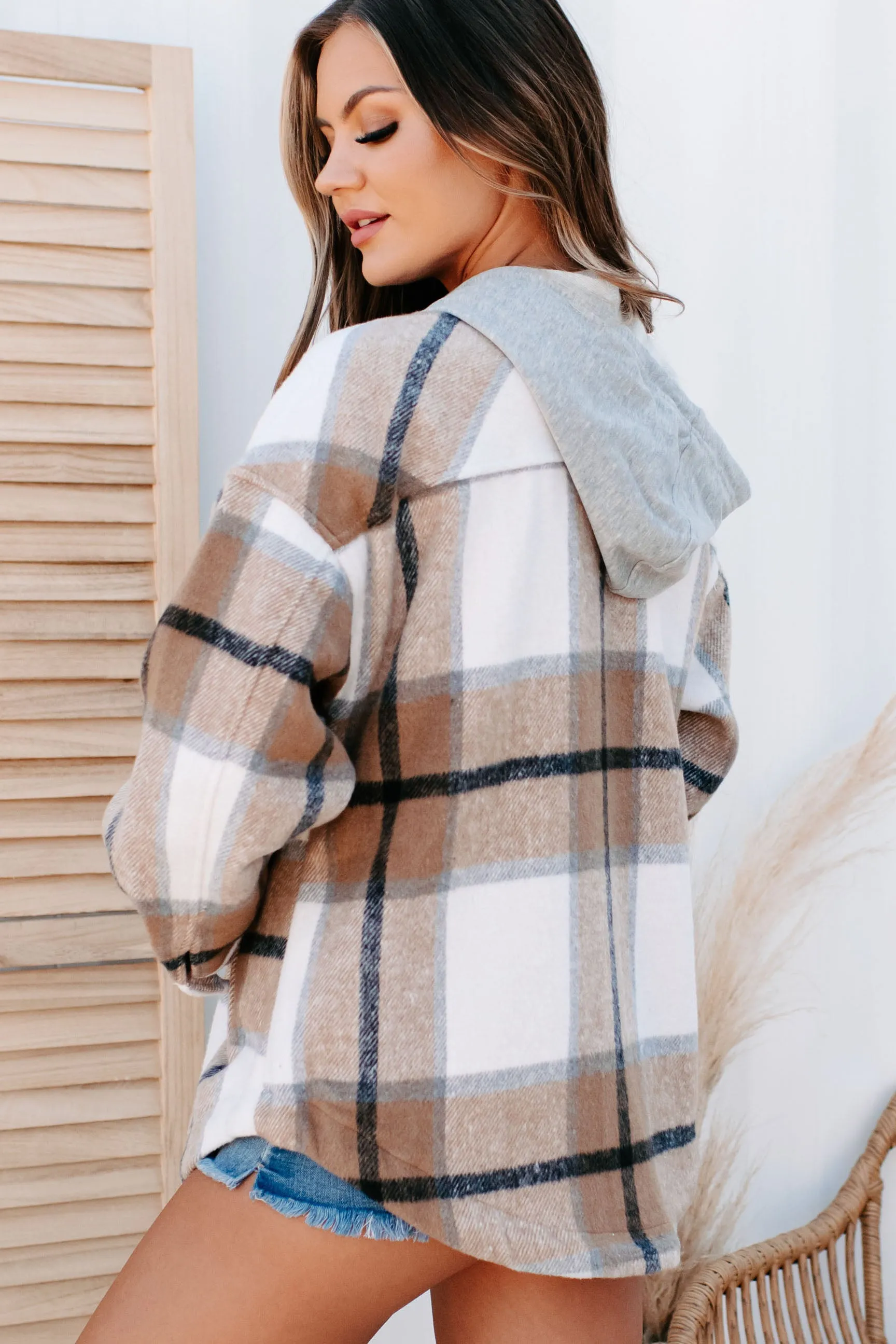Plaid To Be Here Hooded Shacket (Mocha Mix)