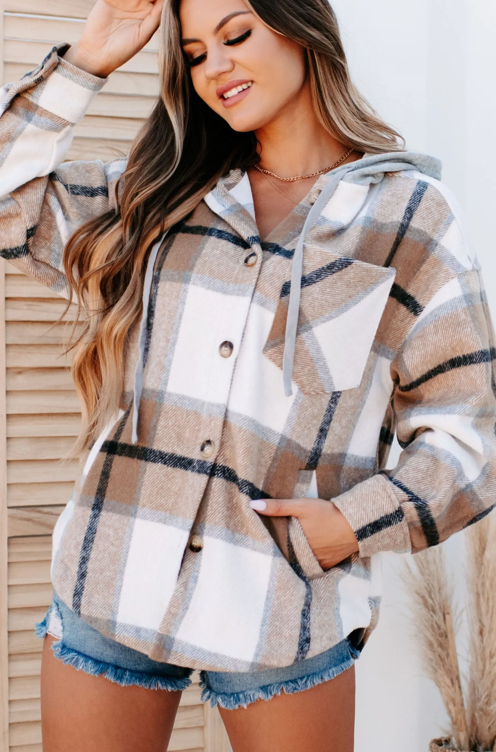 Plaid To Be Here Hooded Shacket (Mocha Mix)