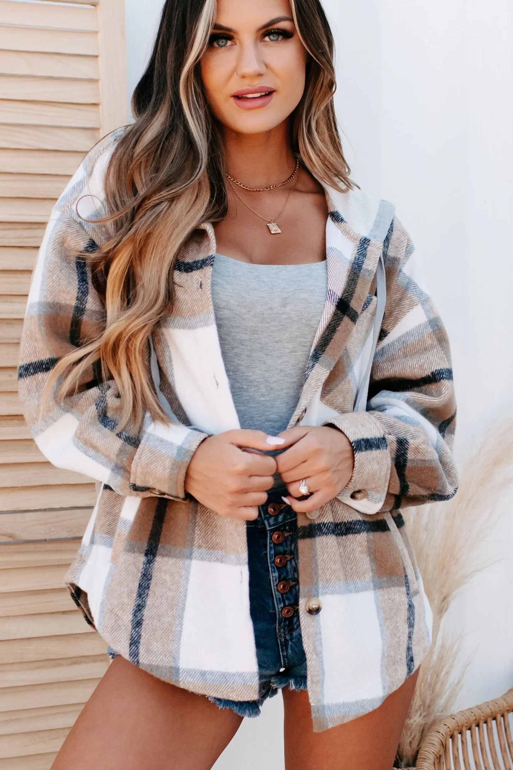 Plaid To Be Here Hooded Shacket (Mocha Mix)