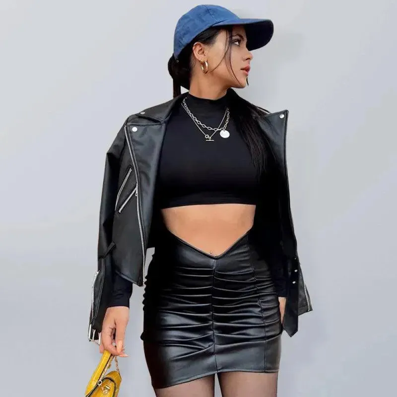 Pleated PU Leather Mini Skirt