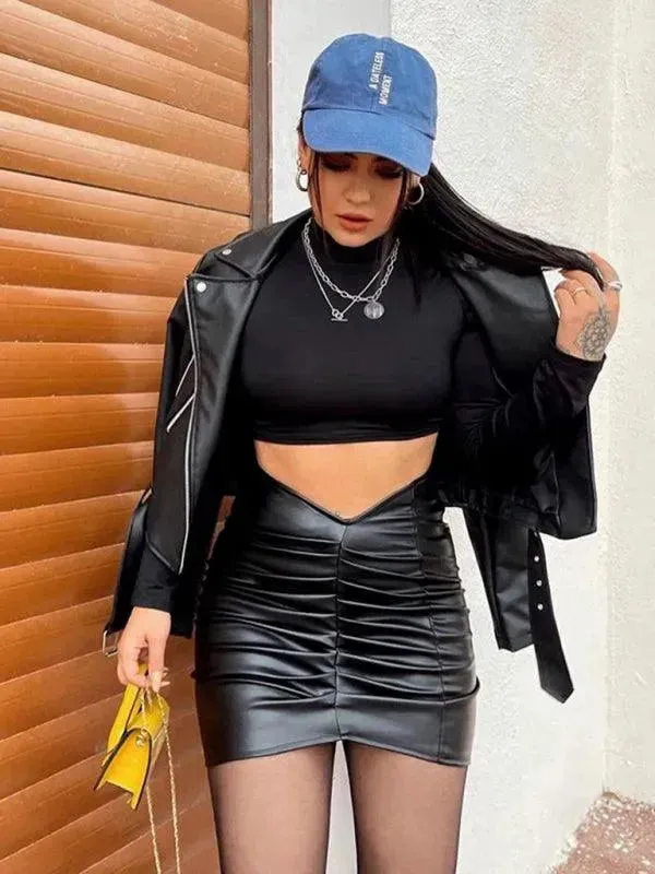 Pleated PU Leather Mini Skirt