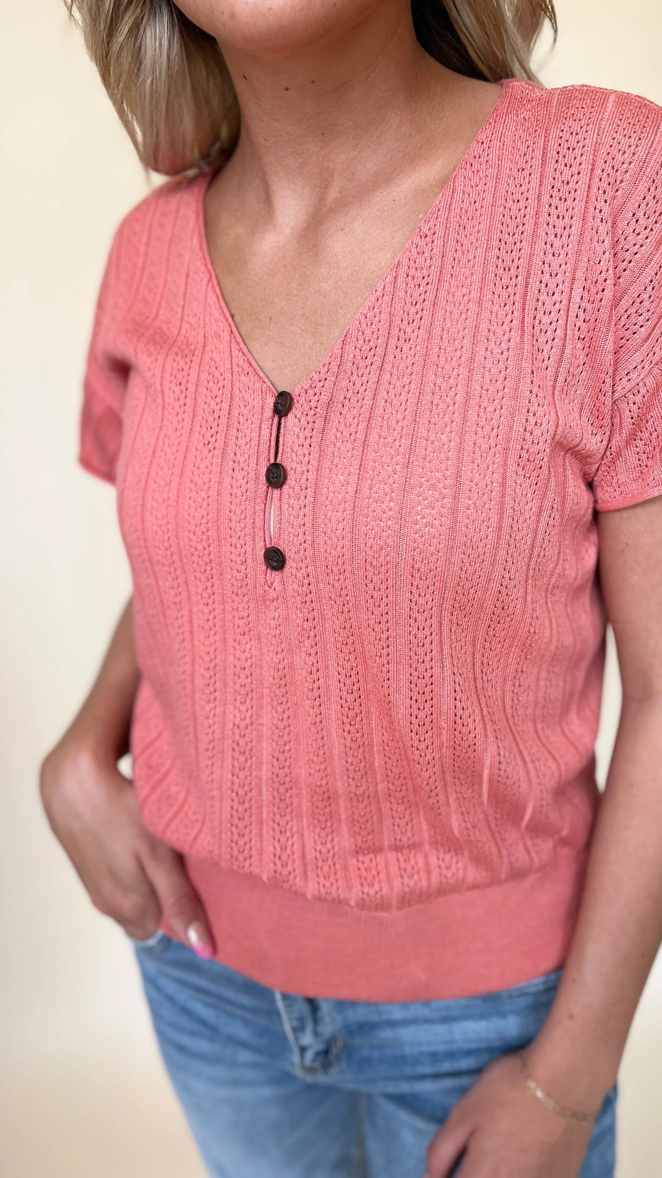 Pointelle Roll Sleeve Sweater Top