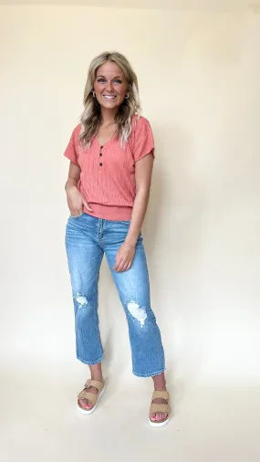 Pointelle Roll Sleeve Sweater Top