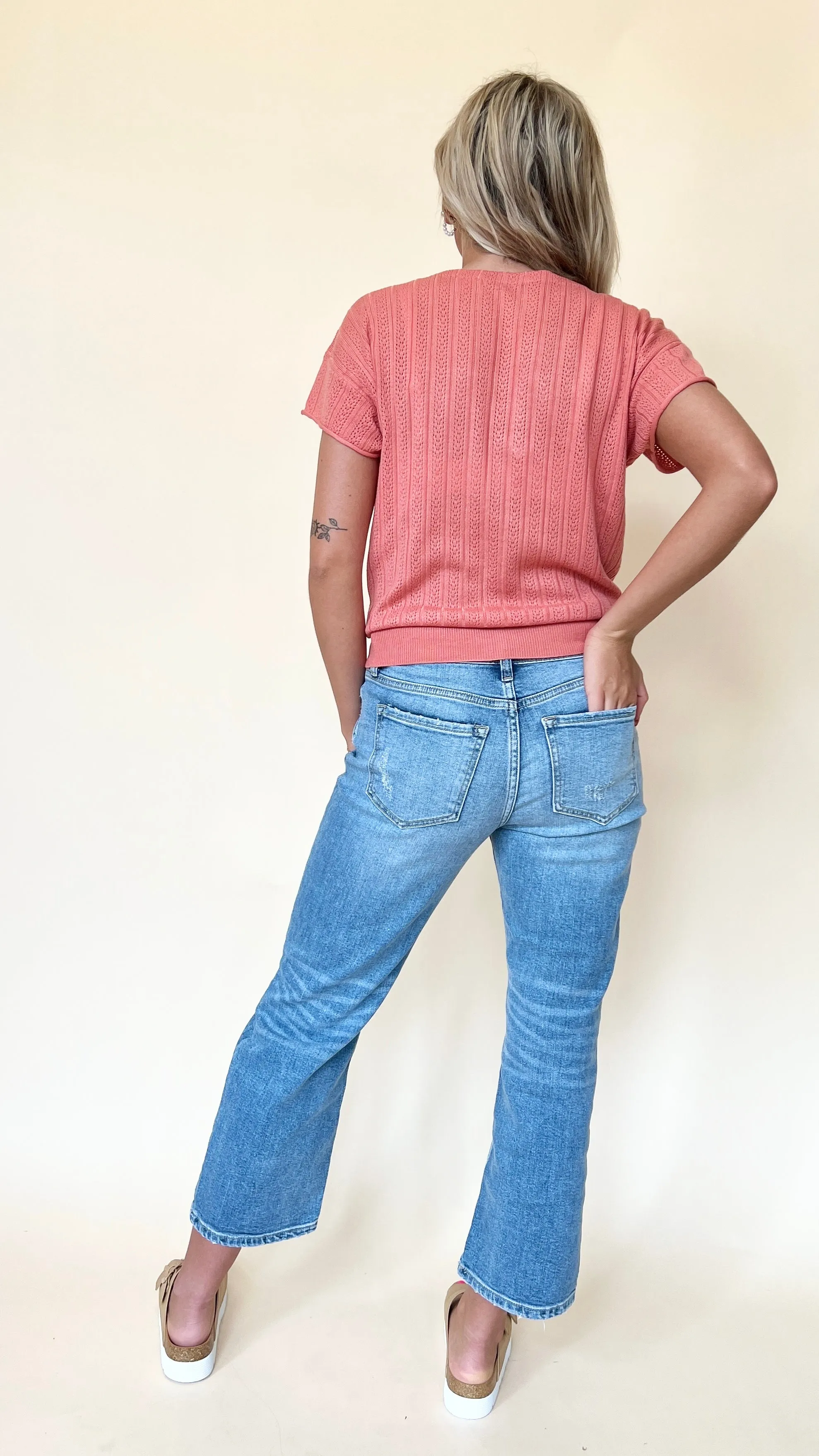 Pointelle Roll Sleeve Sweater Top