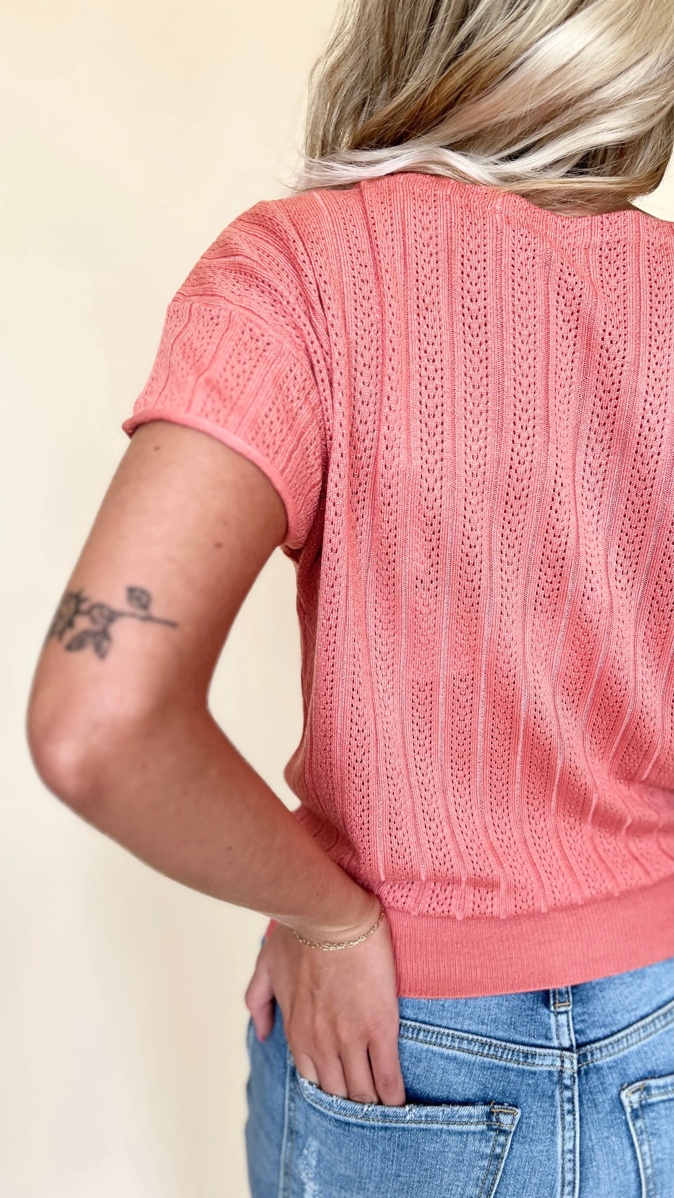 Pointelle Roll Sleeve Sweater Top