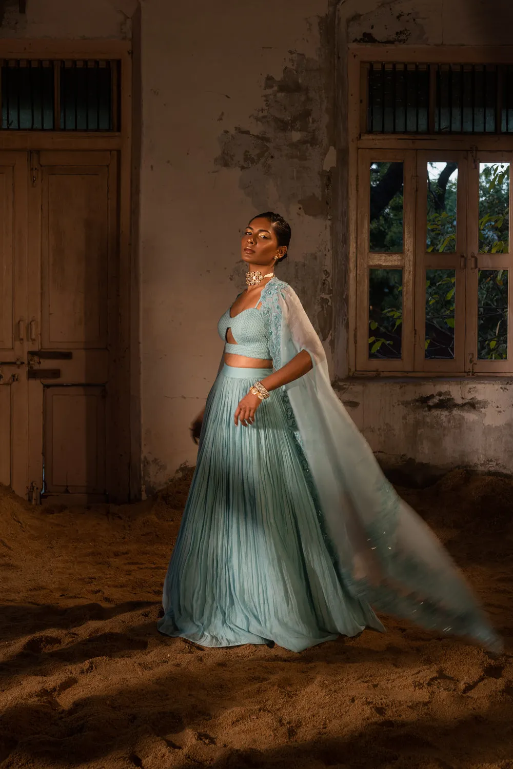 Powder Blue Embroidered Cape & Lehenga Set