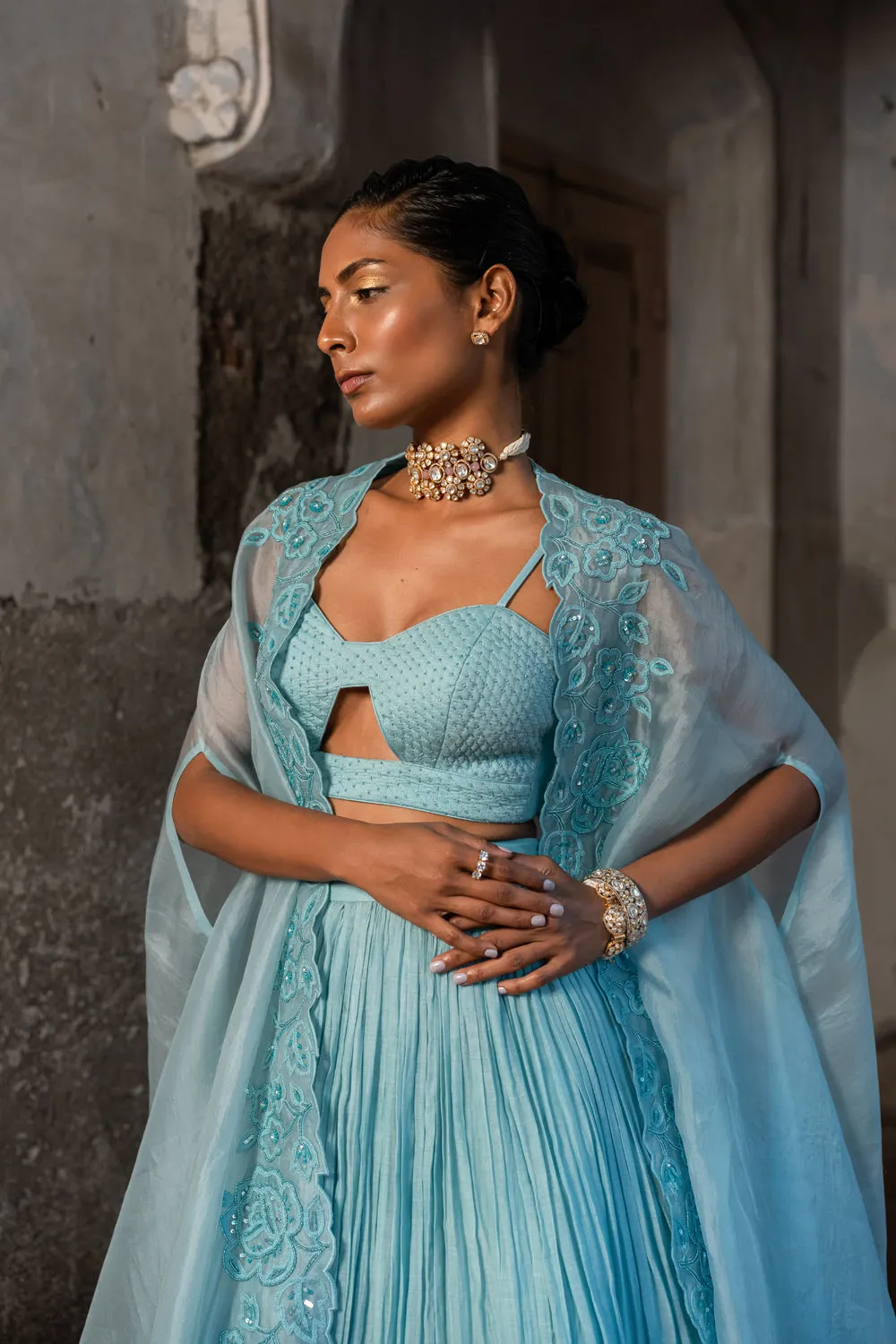 Powder Blue Embroidered Cape & Lehenga Set