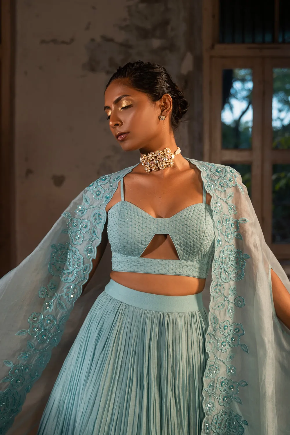 Powder Blue Embroidered Cape & Lehenga Set