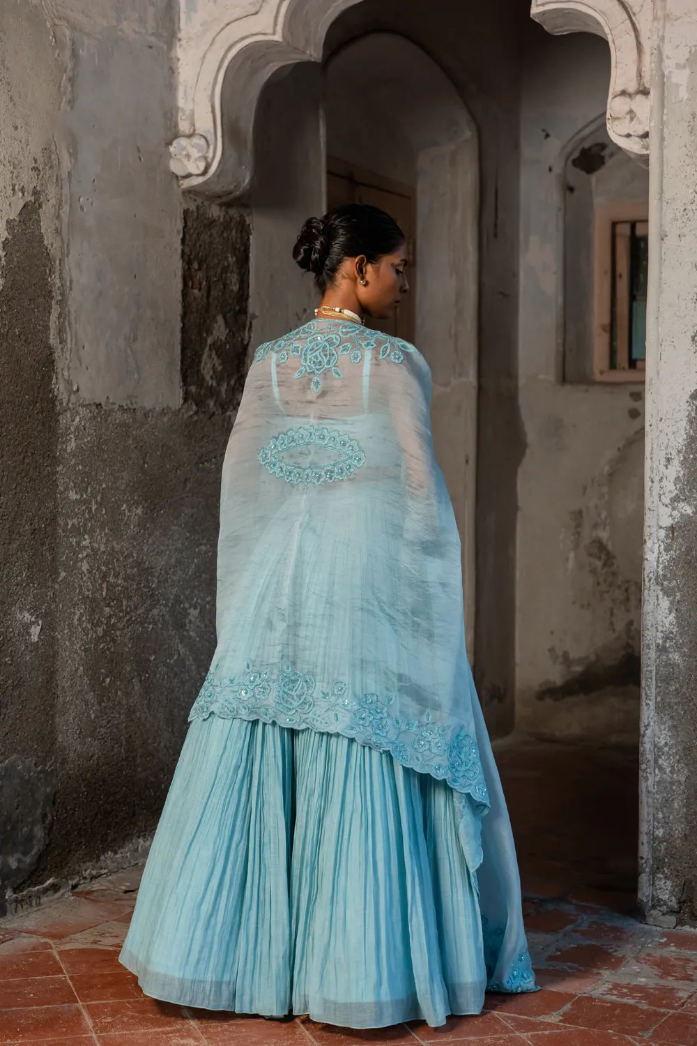 Powder Blue Embroidered Cape & Lehenga Set