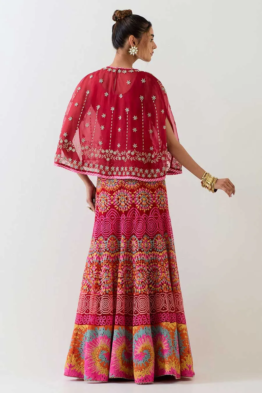 Red Embroidered Cape & Cross Stitch Lehenga Skirt Set