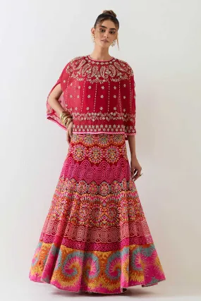 Red Embroidered Cape & Cross Stitch Lehenga Skirt Set