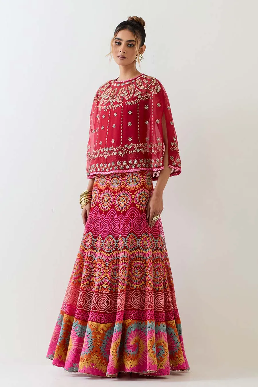 Red Embroidered Cape & Cross Stitch Lehenga Skirt Set