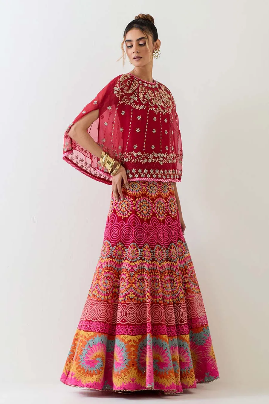 Red Embroidered Cape & Cross Stitch Lehenga Skirt Set