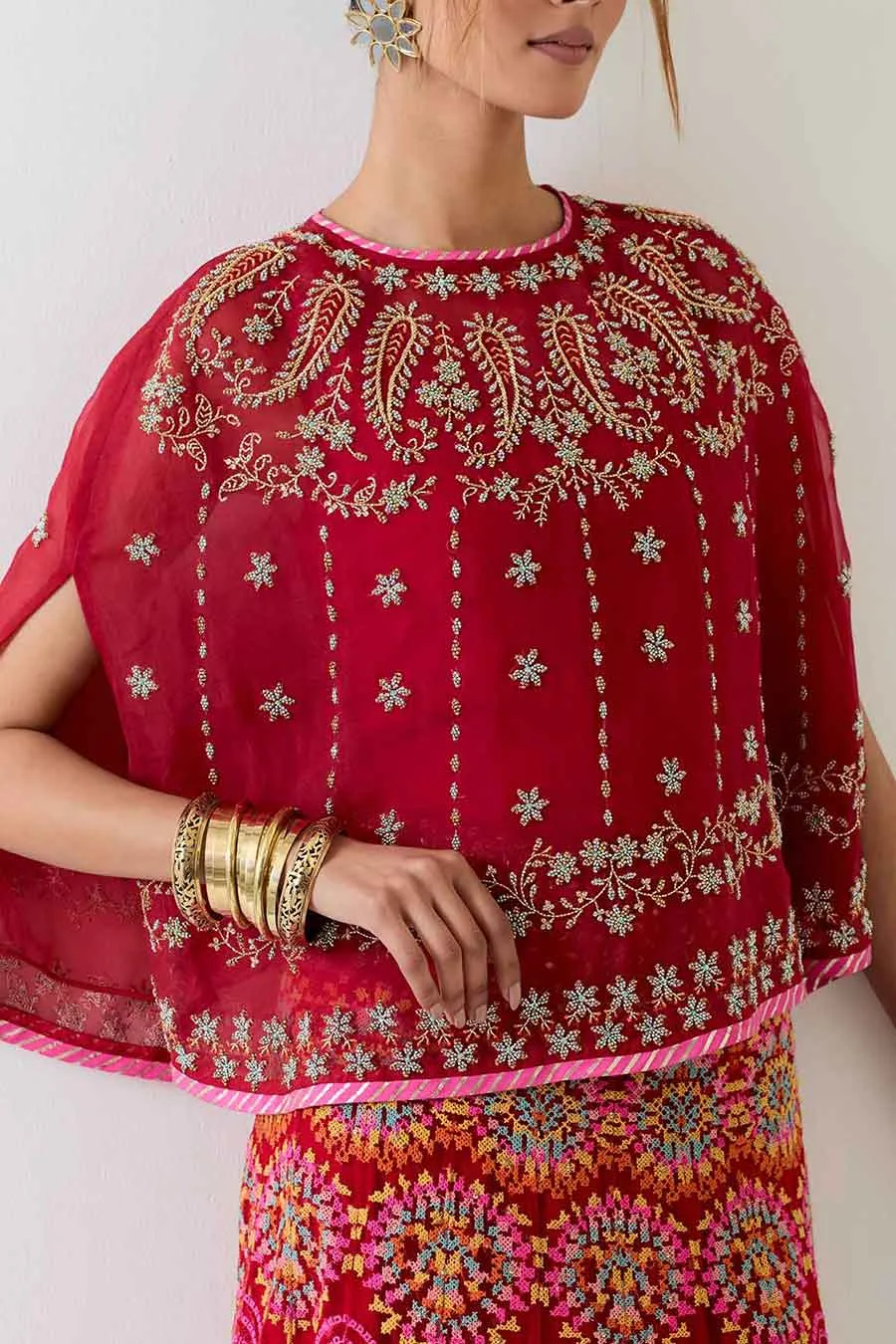 Red Embroidered Cape & Cross Stitch Lehenga Skirt Set