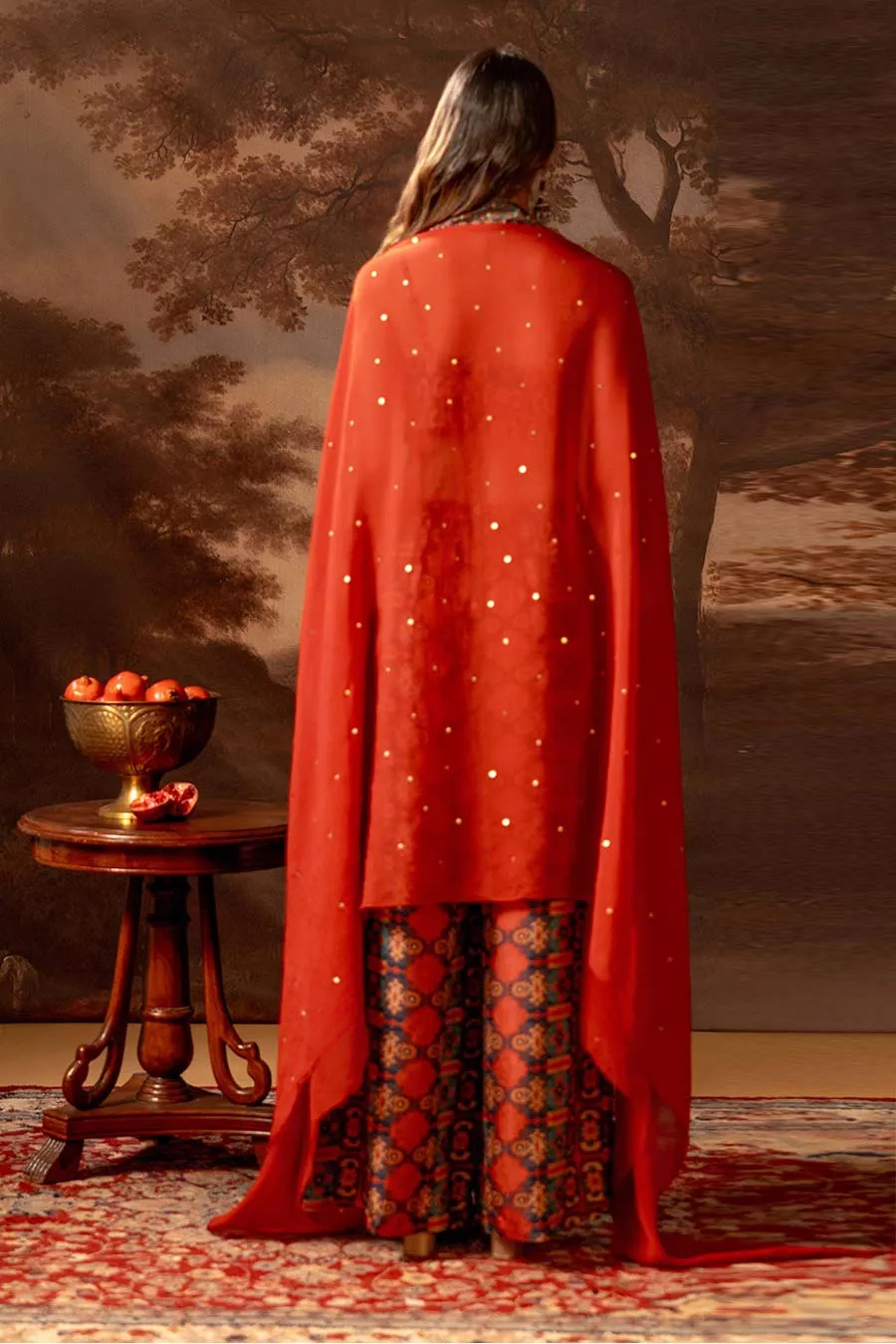 Red Orani Embellished Co-Ord Set With Cape