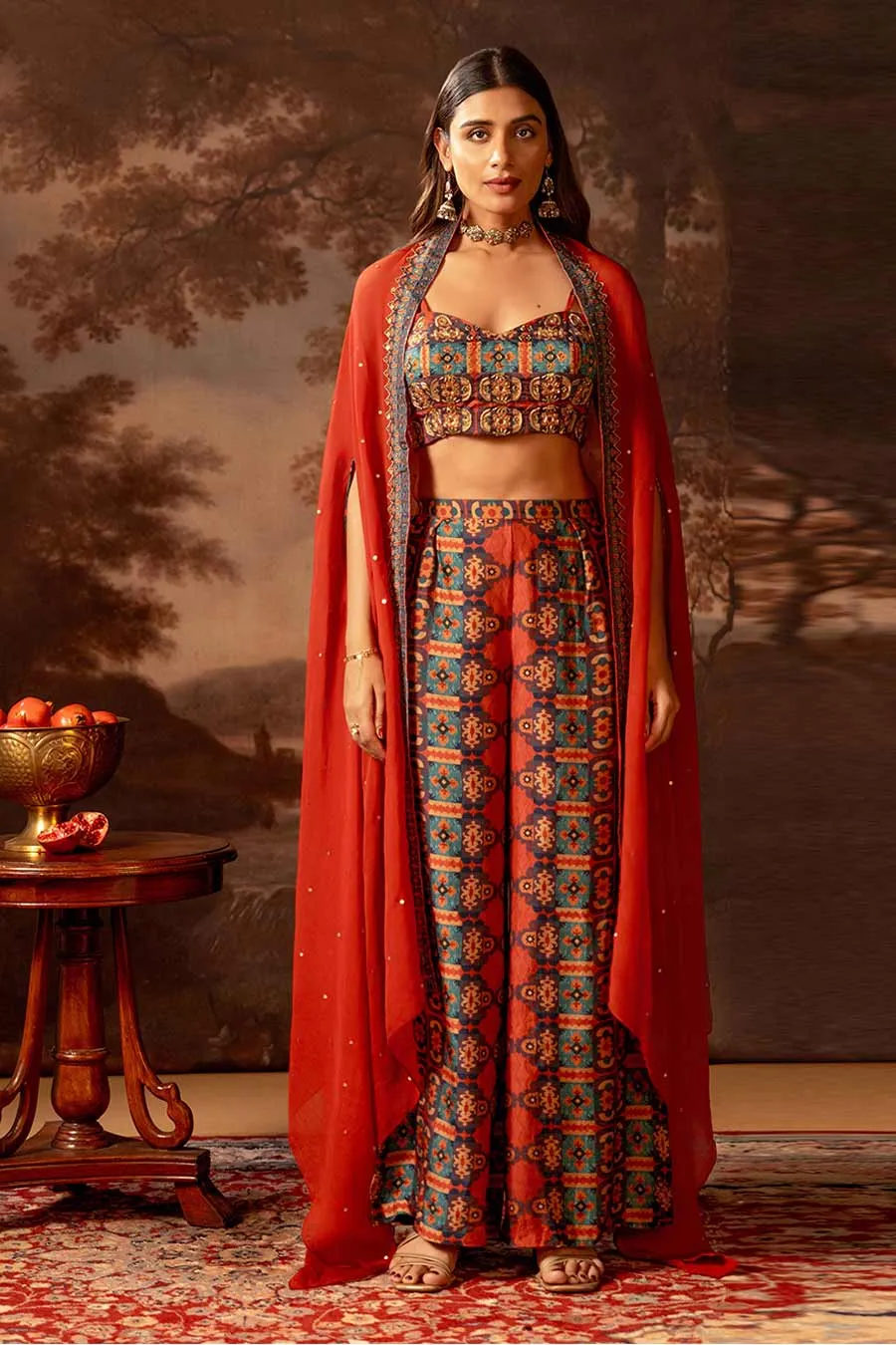Red Orani Embellished Co-Ord Set With Cape