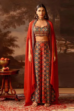 Red Orani Embellished Co-Ord Set With Cape
