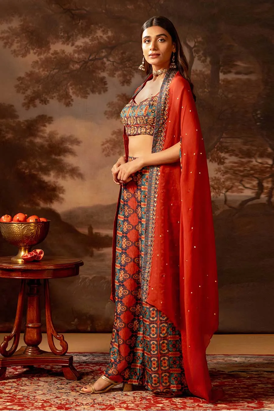 Red Orani Embellished Co-Ord Set With Cape
