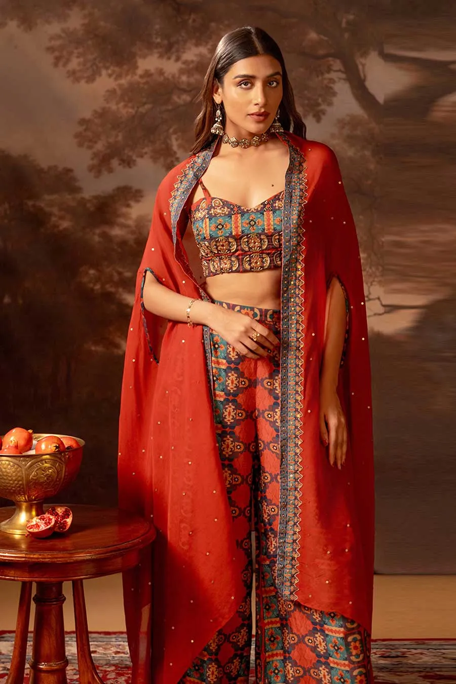 Red Orani Embellished Co-Ord Set With Cape