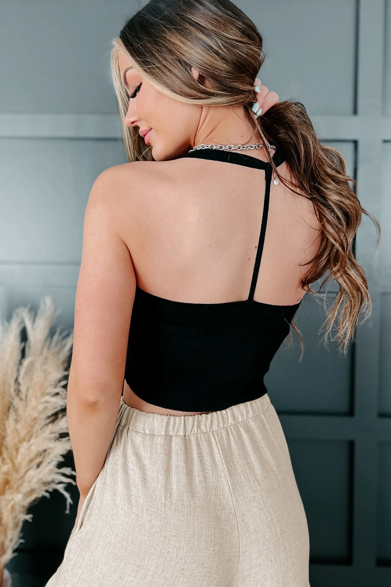 Resisting Your Charms Cropped Halter Knit Tank (Black)