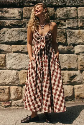 Retro Gingham Bow Tie Sleeveless Button Down Beach Vacation Midi Dress