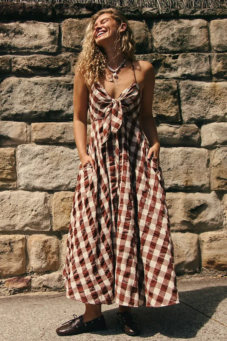 Retro Gingham Bow Tie Sleeveless Button Down Beach Vacation Midi Dress