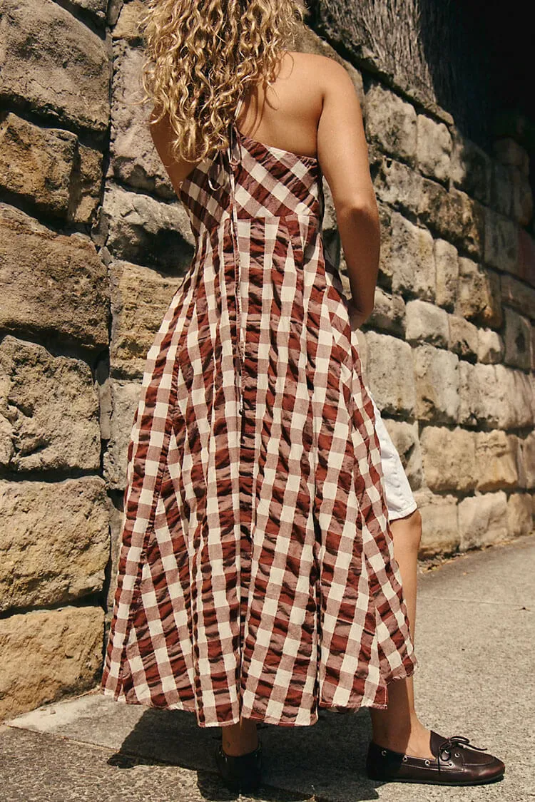 Retro Gingham Bow Tie Sleeveless Button Down Beach Vacation Midi Dress