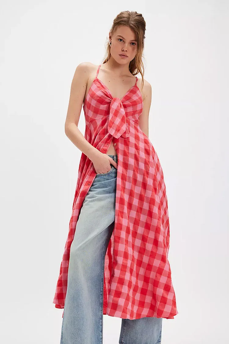 Retro Gingham Bow Tie Sleeveless Button Down Beach Vacation Midi Dress