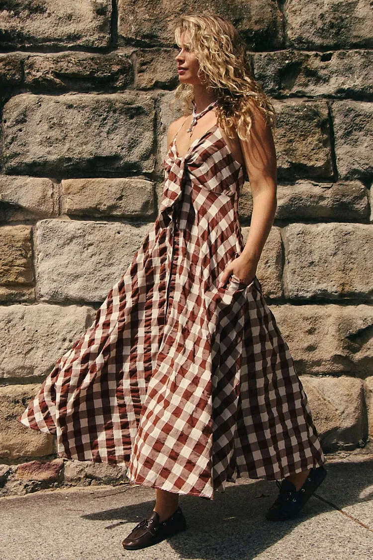 Retro Gingham Bow Tie Sleeveless Button Down Beach Vacation Midi Dress