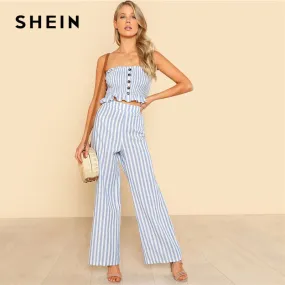SHEIN Blue Ruffle Strapless Top & Pants Set Women Sleeveless Button Button Casual 2 Pieces Sets 2018 Beach Boho Twopieces