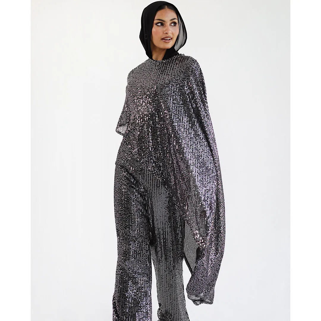 Silver sequined cape jumpsuit