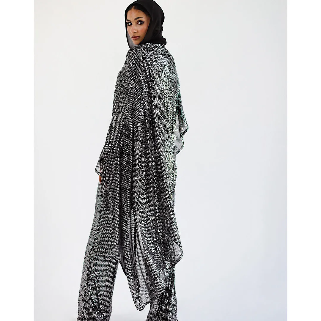 Silver sequined cape jumpsuit