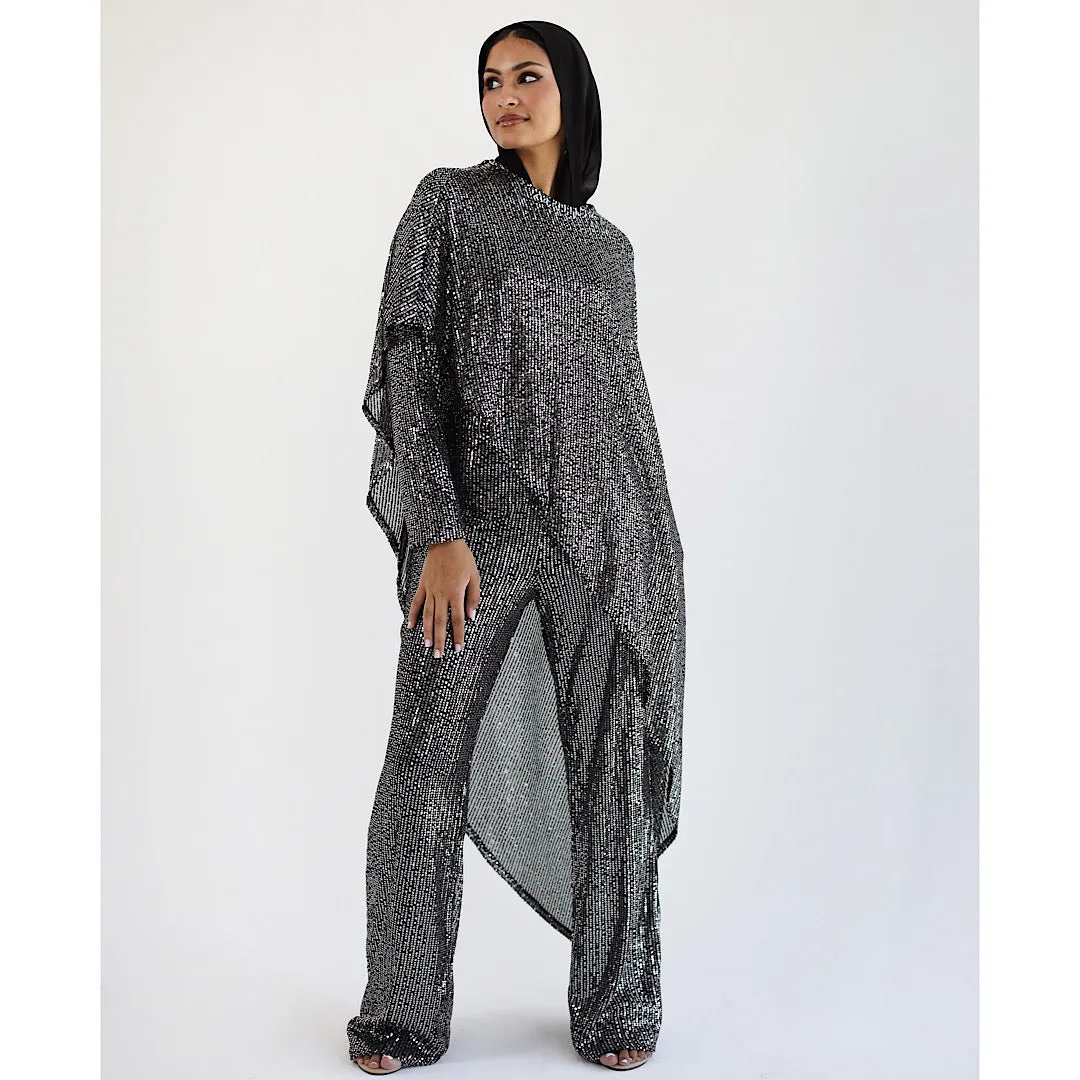 Silver sequined cape jumpsuit