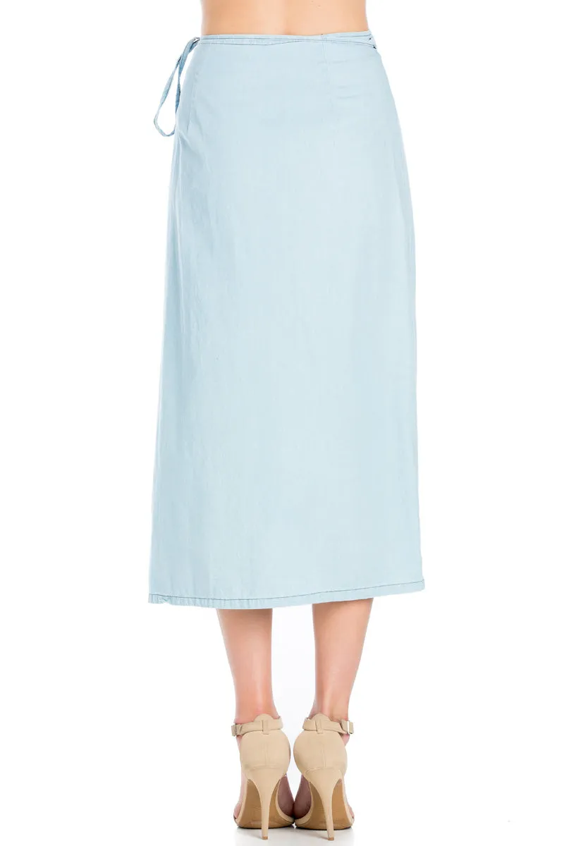 SK9020- Light Wash High Waisted Wrap Maxi Skirt