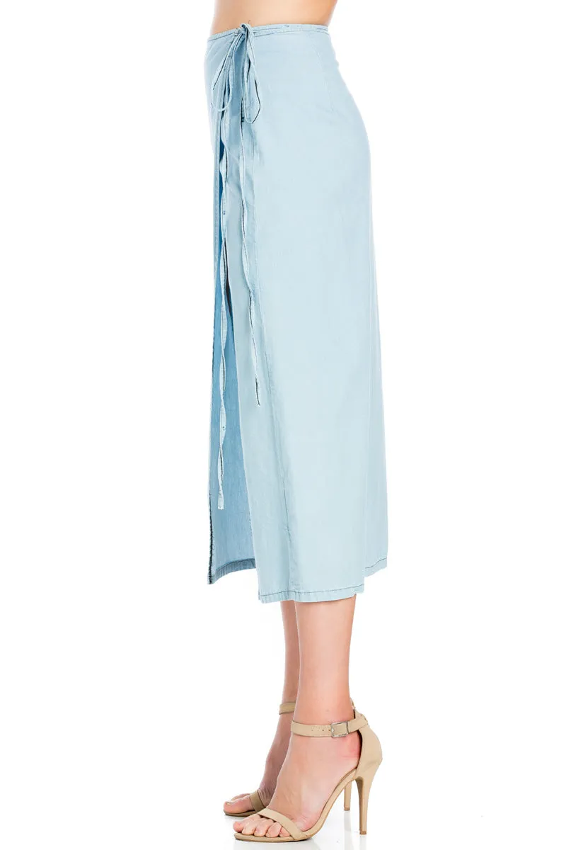 SK9020- Light Wash High Waisted Wrap Maxi Skirt