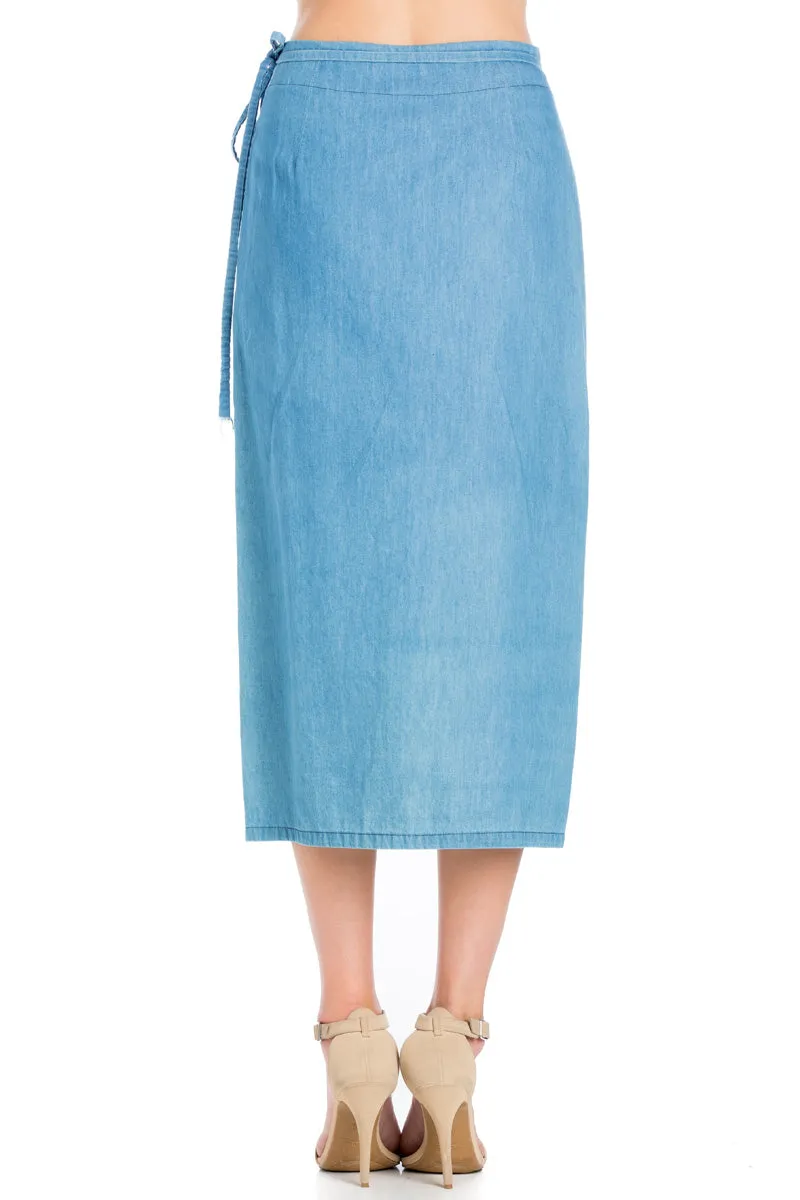 SK9020- Light Wash High Waisted Wrap Maxi Skirt