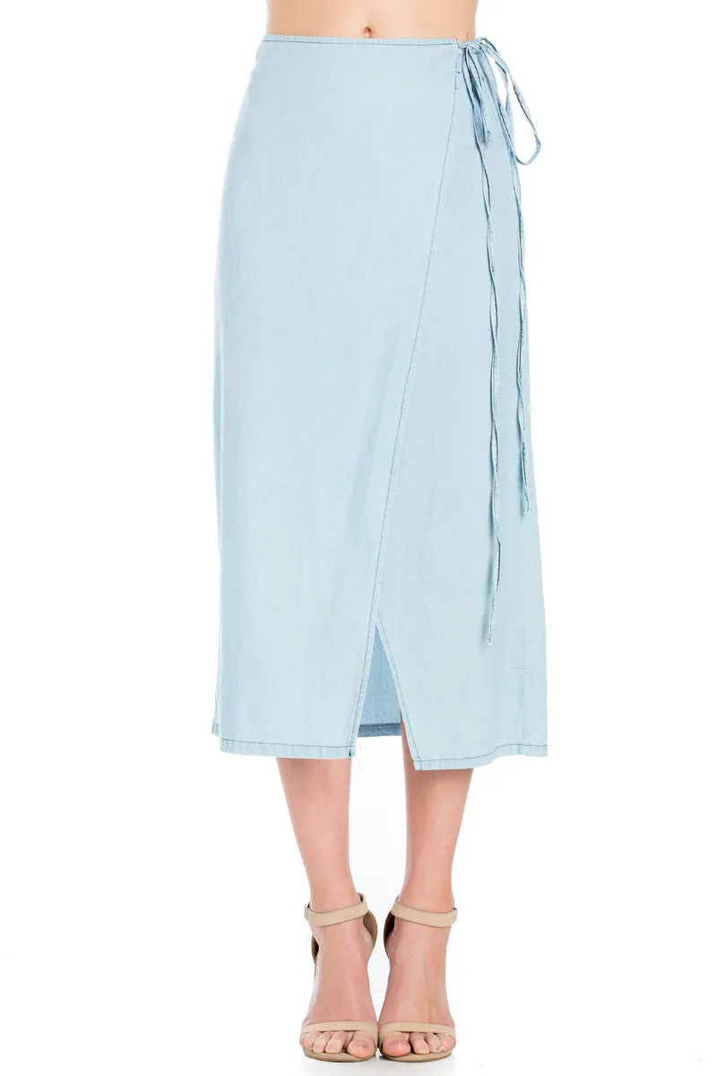 SK9020- Light Wash High Waisted Wrap Maxi Skirt