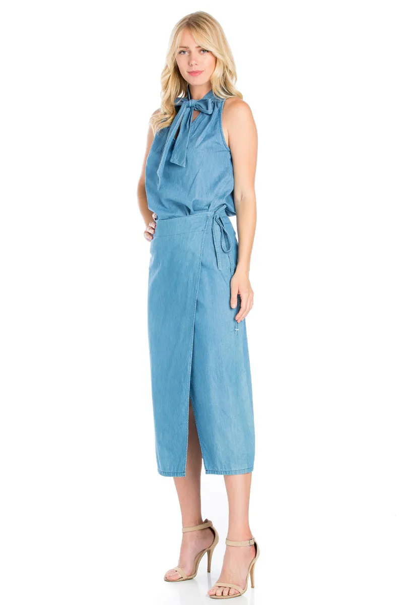 SK9020- Light Wash High Waisted Wrap Maxi Skirt