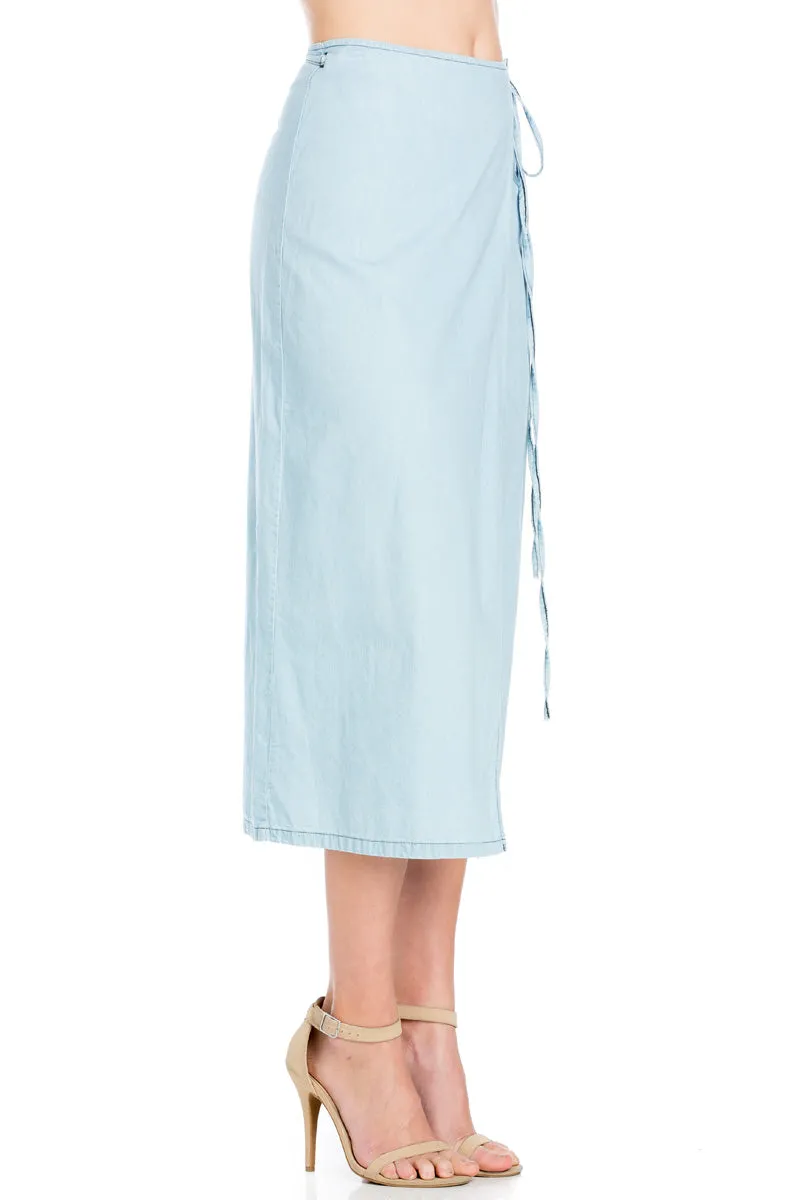 SK9020- Light Wash High Waisted Wrap Maxi Skirt
