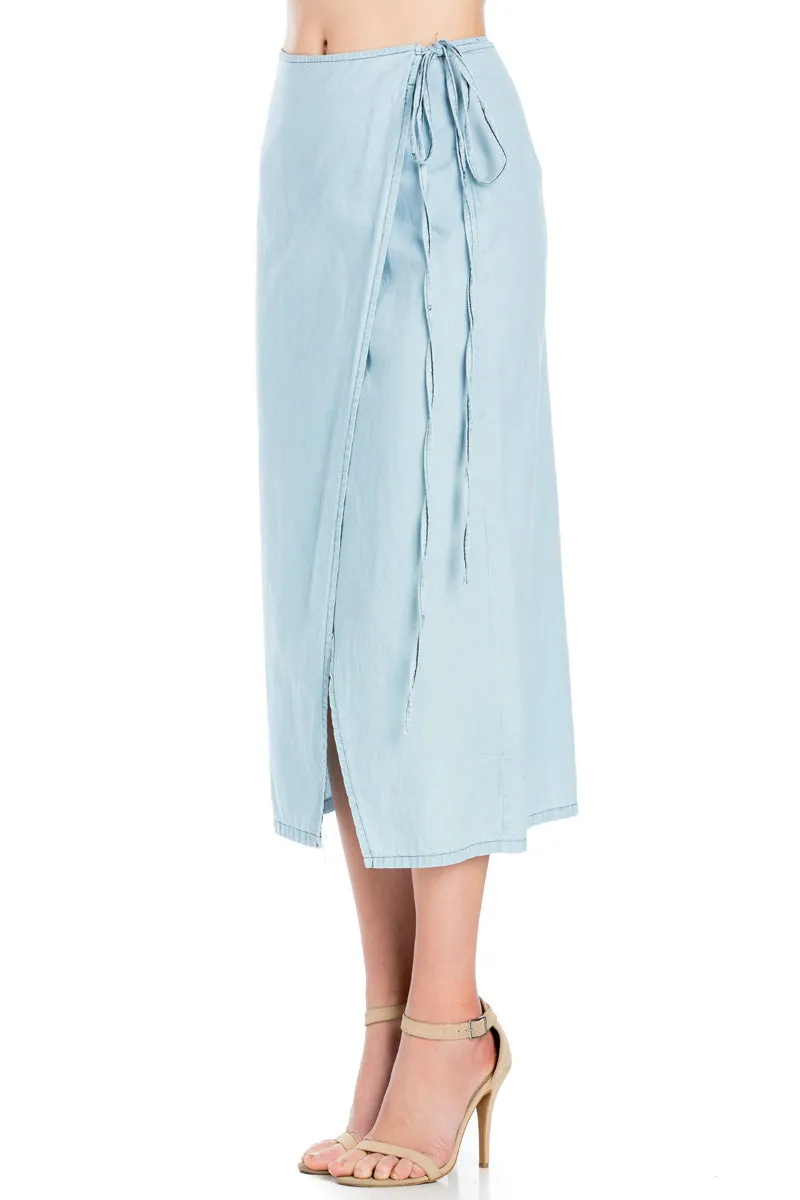SK9020- Light Wash High Waisted Wrap Maxi Skirt