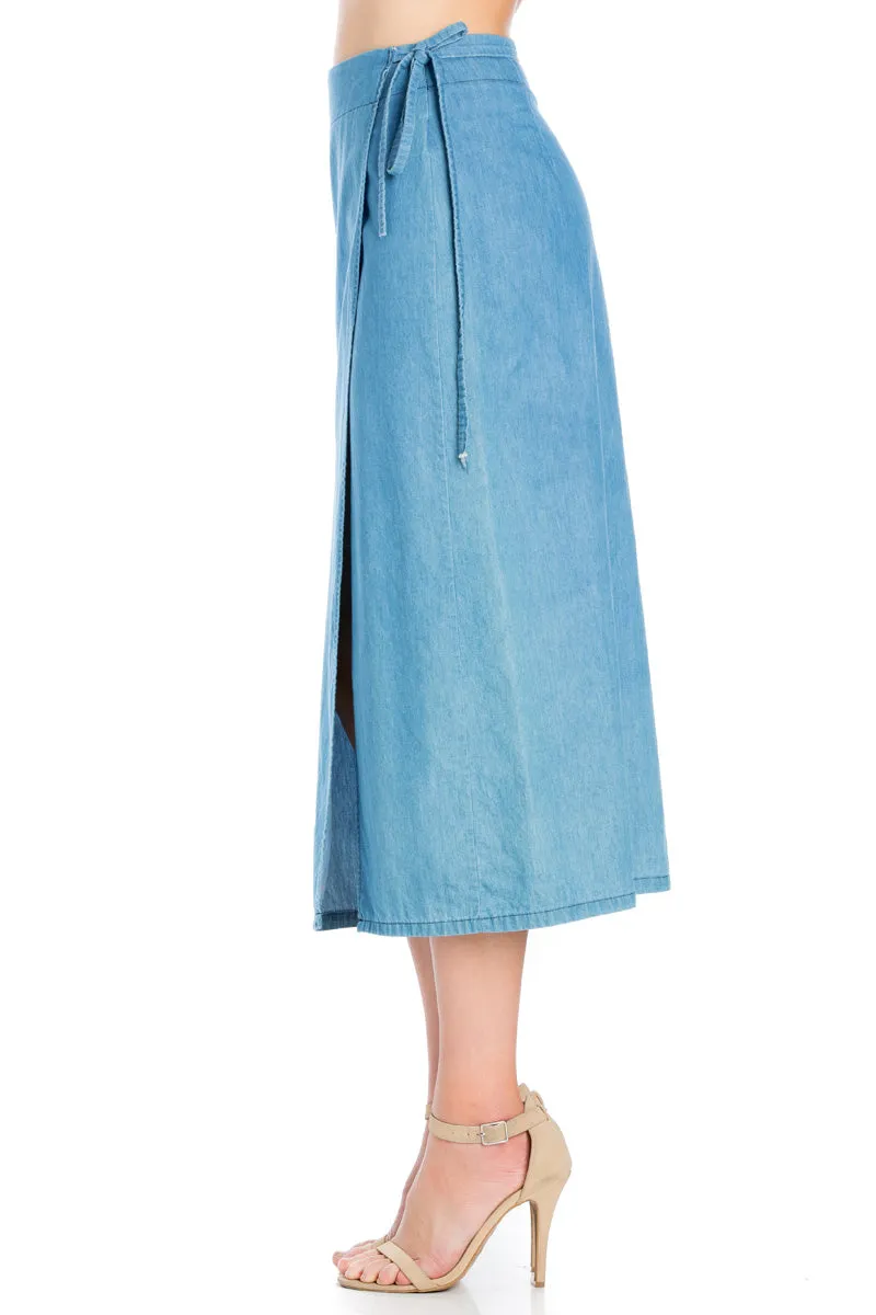 SK9020- Light Wash High Waisted Wrap Maxi Skirt
