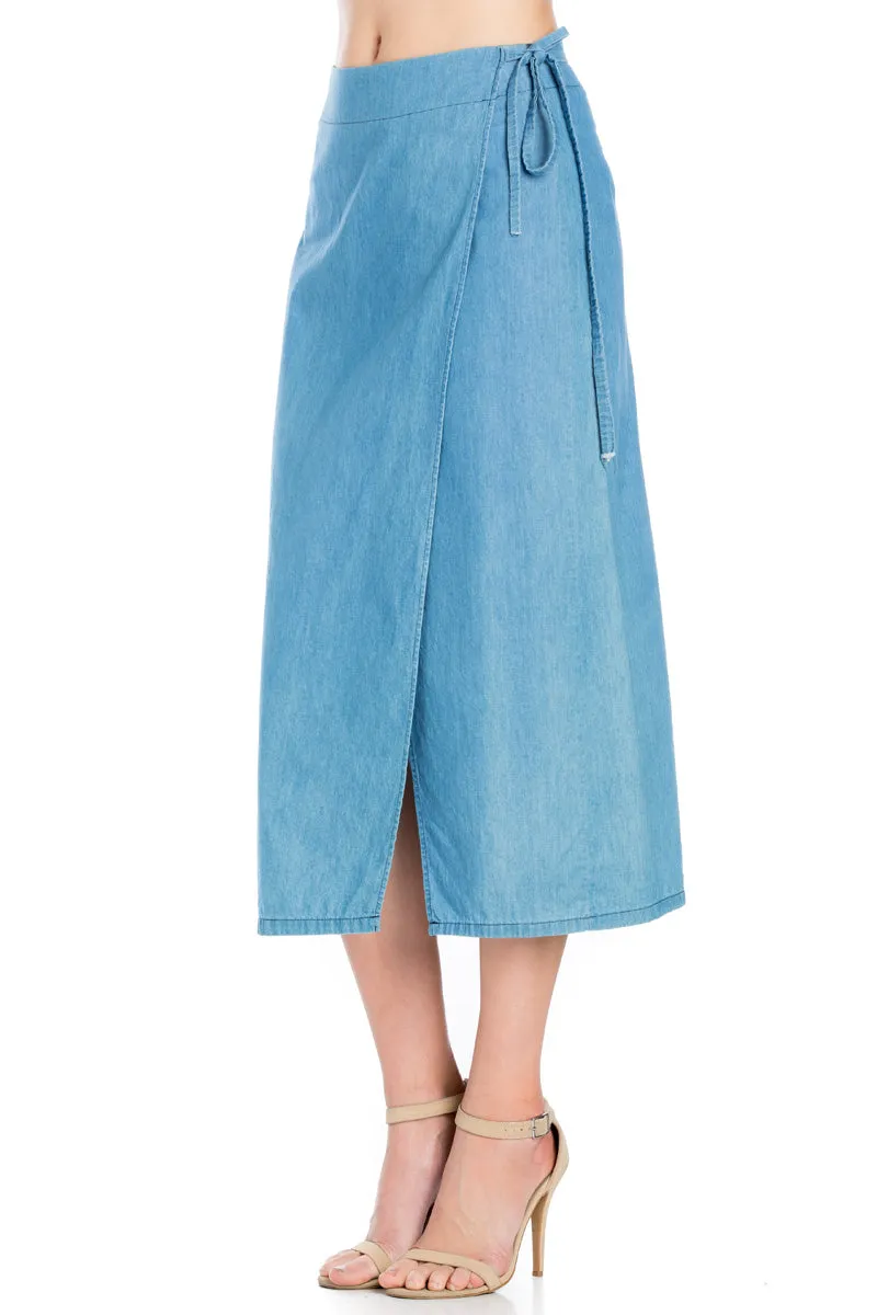 SK9020- Light Wash High Waisted Wrap Maxi Skirt